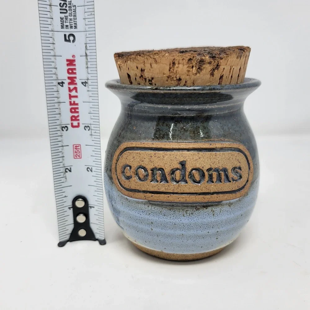 Vintage Ceramic‎ Jar Pot Container With Cork Lid Condoms Label